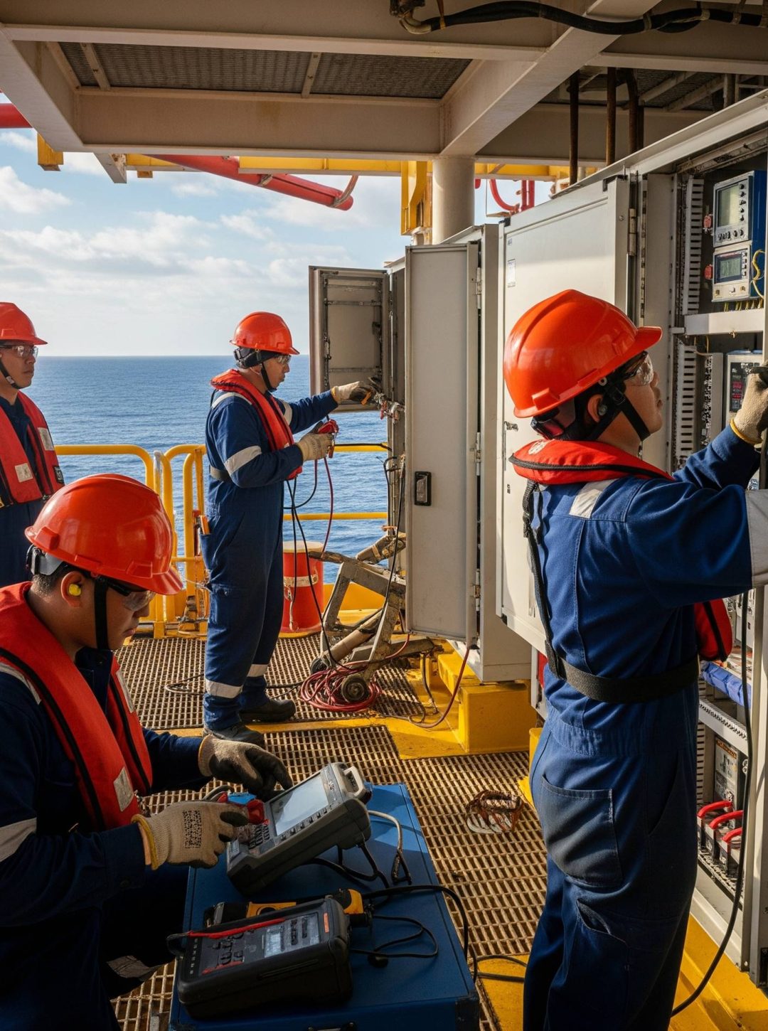 grupo-engenheiros-em-plataforma-engenharia-eletrica